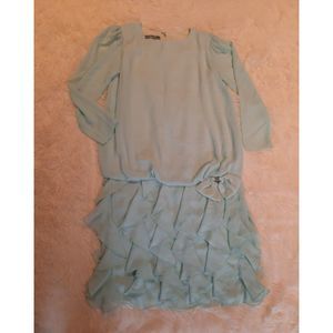 Justin David New York Ruffled Aqua Blue Dress Long Sleeve Sz 12